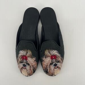 Yorkshire Terrier Dog Needlepoint Slip On Flat Shoes Womens 8.5 Mules Vintage